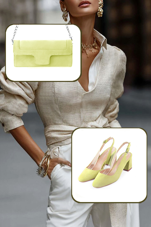 Dress slingback heels in pistachio green leather with medium flare heels and round toe - Worn view